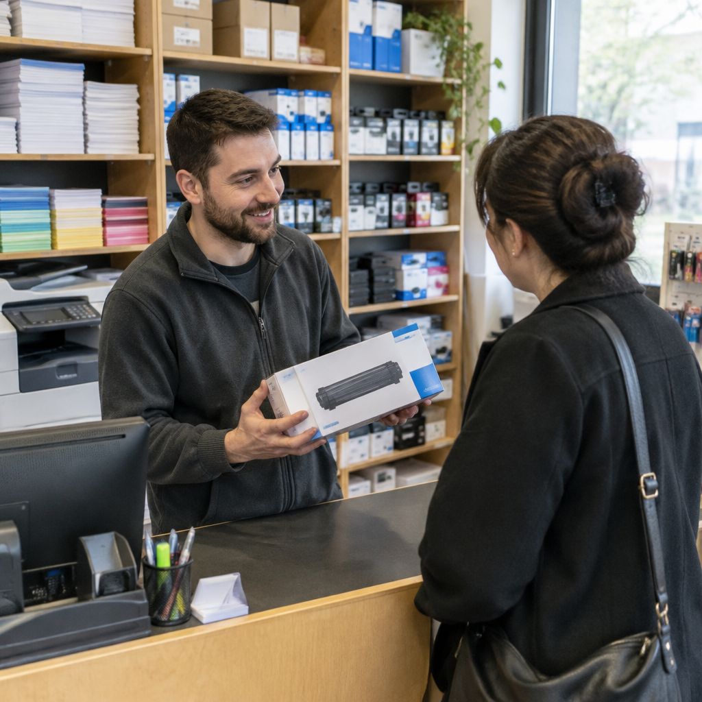 Vendedor mostrando un tóner a un cliente