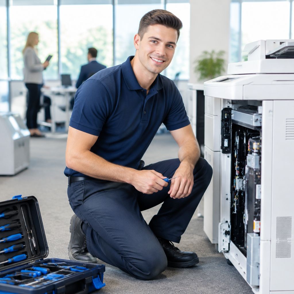 Técnico reparando una fotocopiadora